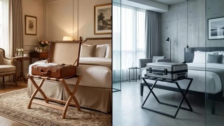 Comparison of luxury wooden hotel luggage rack and modern metal suitcase stand for 2026 procurement guide.