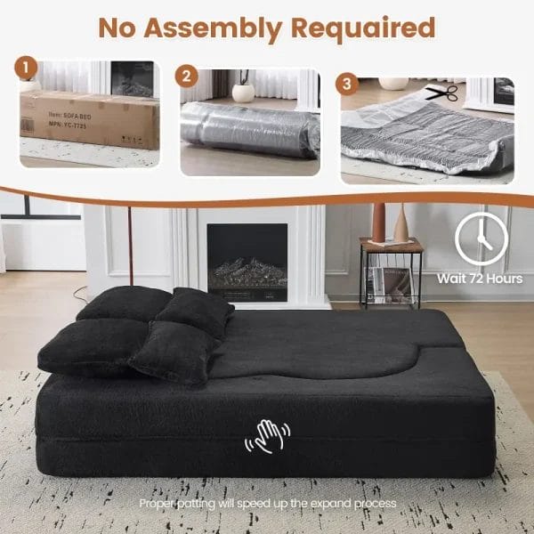 3-step no assembly required unboxing guide for compressed fold out foam sofa bed.