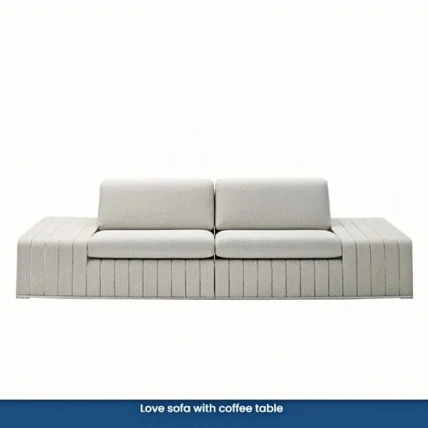 Modern grey luxury woven outdoor furniture sofa with integrated coffee table.