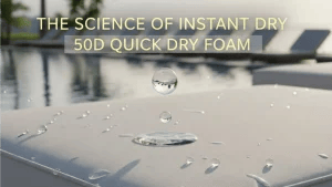 Featured image: Dry, high-density quick dry foam cushion on a modern luxury resort lounge chair, highlighting water repellency and comfort.