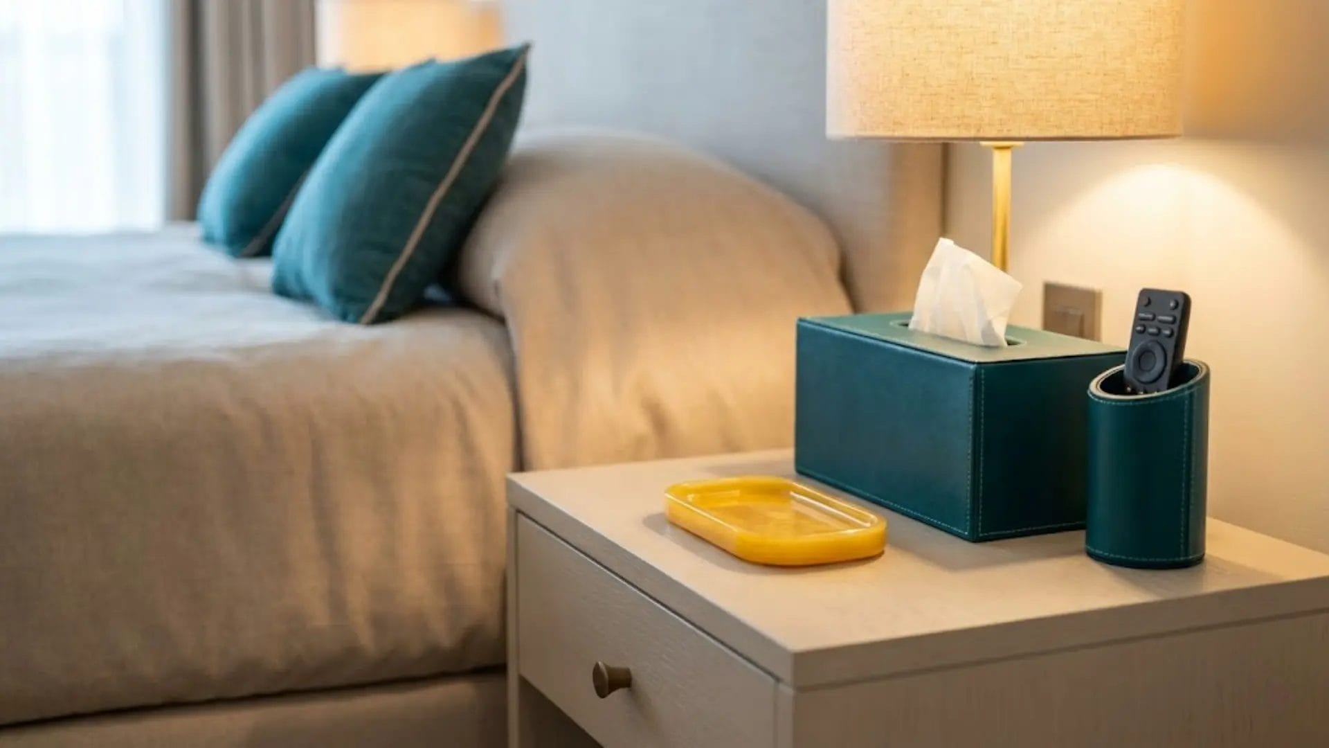 Close-up of a hotel bedside table featuring trend-color leather and resin accessories updating a neutral space.