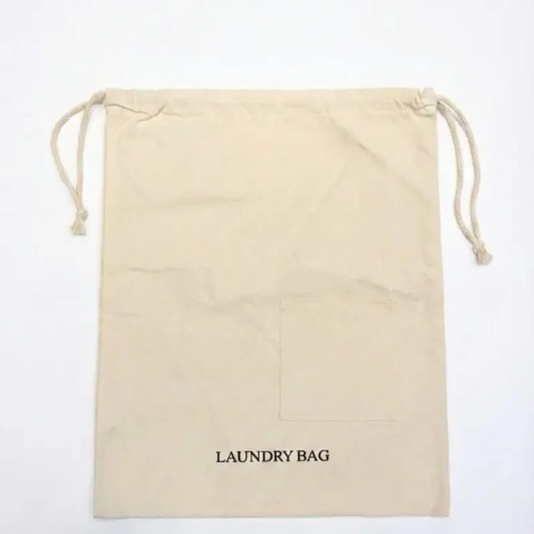 Front view of 8oz cotton hotel laundry bag featuring a 15.2cm pocket and LAUNDRY BAG embroidery.