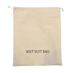 Close-up of the natural cotton canvas and high-density brown embroidery on a hospitality wet suit bag.
