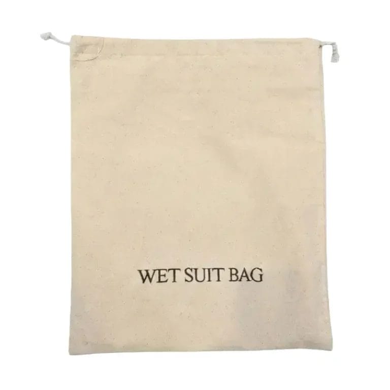 Close-up of the natural cotton canvas and high-density brown embroidery on a hospitality wet suit bag.