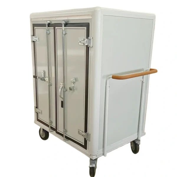 A side view of the House Keeping Trolley showcasing the reinforced metal box pallet base for heavy-duty loading.