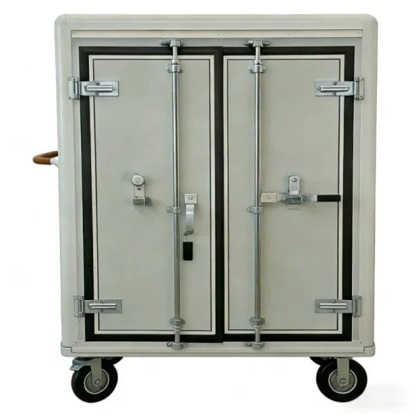 Detail shot of the 50cm arched carbon steel pull handle with foam grips on the House Keeping Trolley.