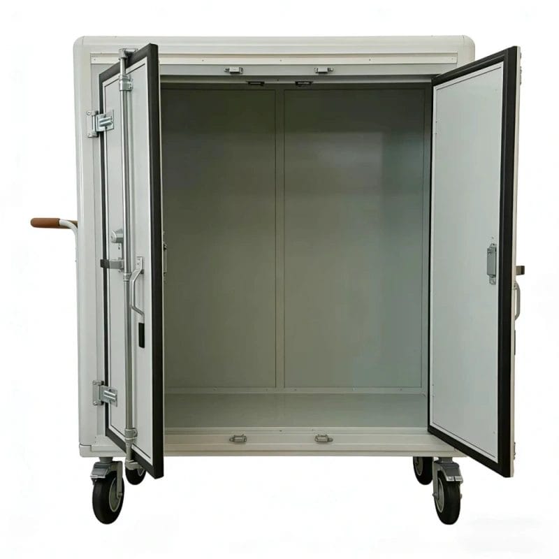 Close-up of the 5-inch non-marking rubber wheels and swivel casters with brakes on the House Keeping Trolley.