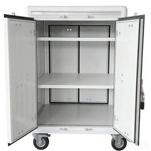 Front-mounted mop and broom holder attachment on the metal House Keeping Trolley.