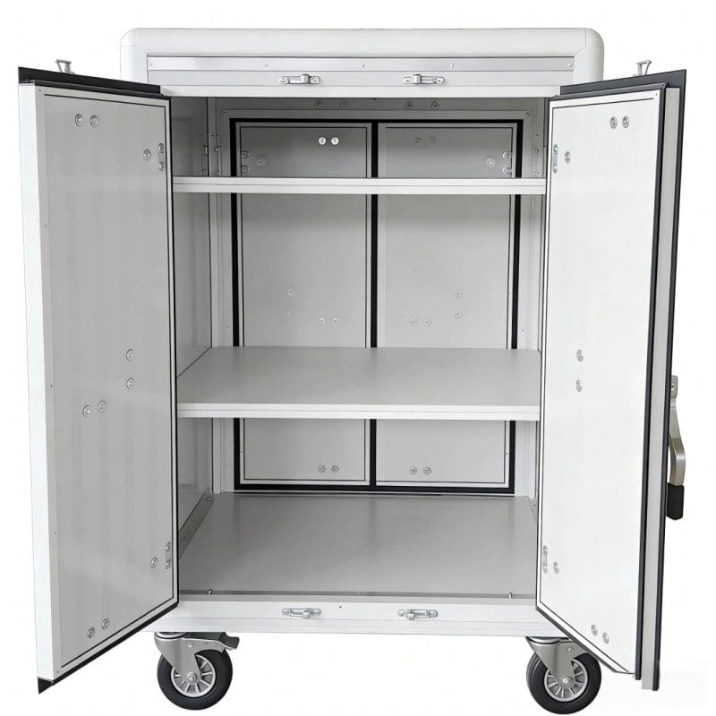 Front-mounted mop and broom holder attachment on the metal House Keeping Trolley.