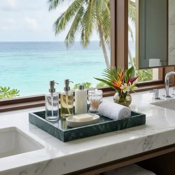 A neatly organized Marble Vanity Tray holding hotel amenity bottles (shampoo, lotion) and a glass.