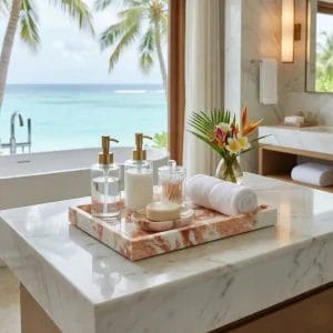 A close-up texture shot showing the unique grey swirls and natural veining of the Marble Stone Tray.