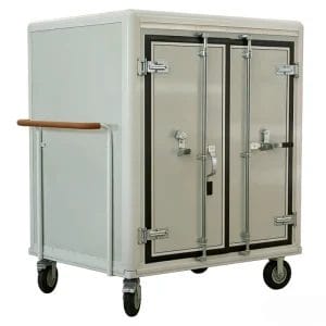 Front view of the House Keeping Trolley featuring the protective rain shield over the cabinet doors.