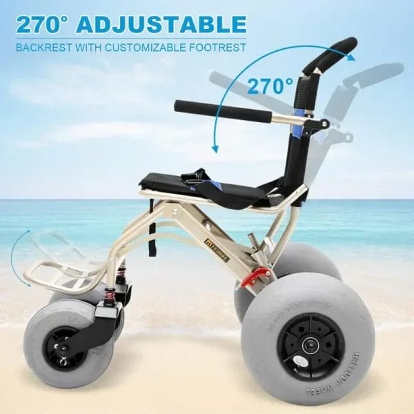 Ergonomic beach wheelchair featuring a 270-degree adjustable backrest and customizable footrest to enhance guest comfort on coastal terrains.