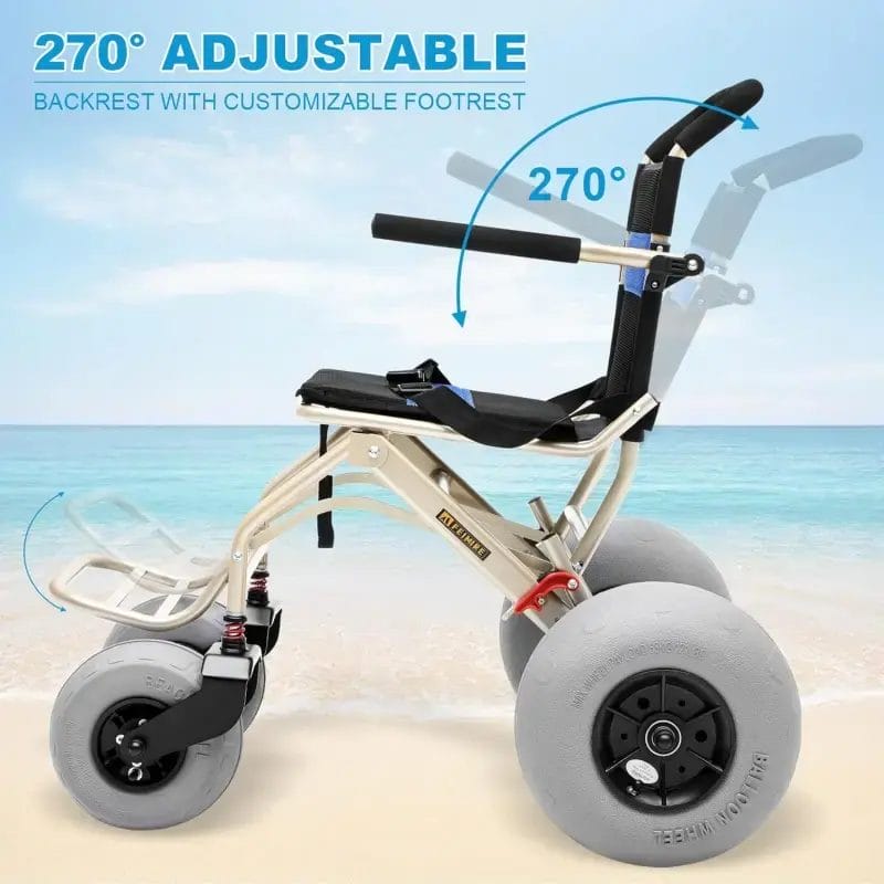 Ergonomic beach wheelchair featuring a 270-degree adjustable backrest and customizable footrest to enhance guest comfort on coastal terrains.