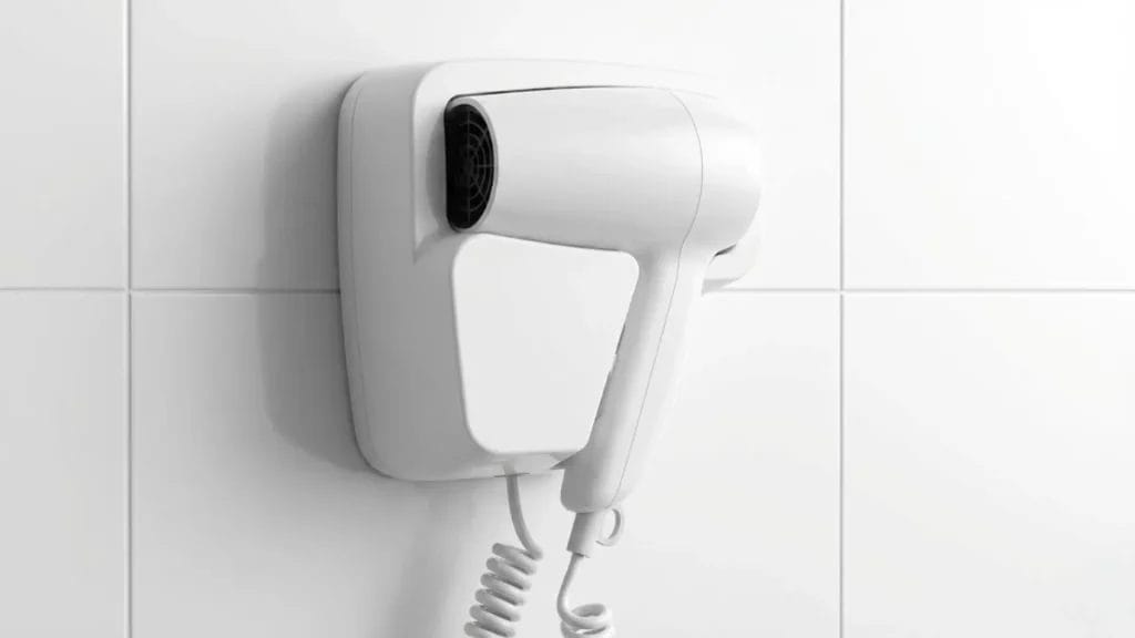 Close-up of the heavy-duty coiled cord and secure wall mounting base of a JINCHAN commercial hair dryer.