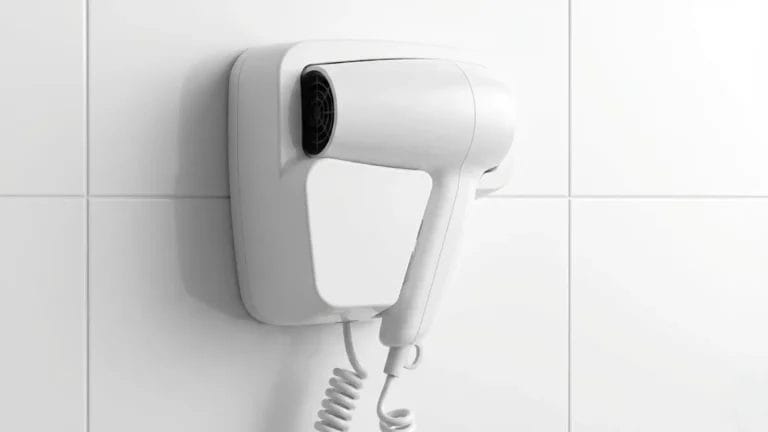 Close-up of the heavy-duty coiled cord and secure wall mounting base of a JINCHAN commercial hair dryer.