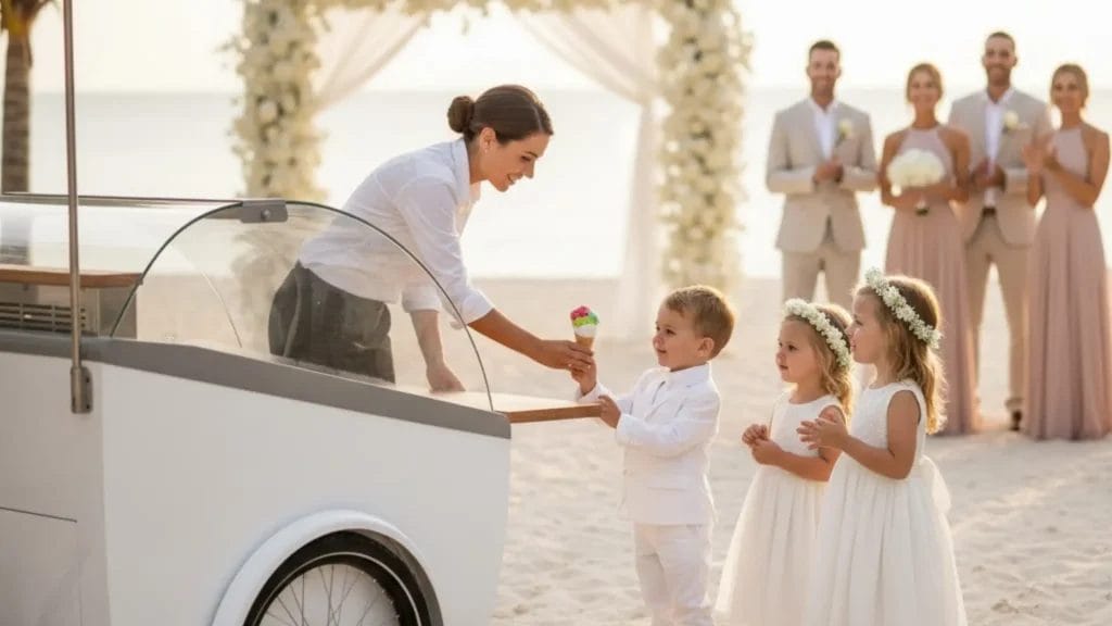Commercial **ice cream push cart** providing catering service at a luxury beach wedding.