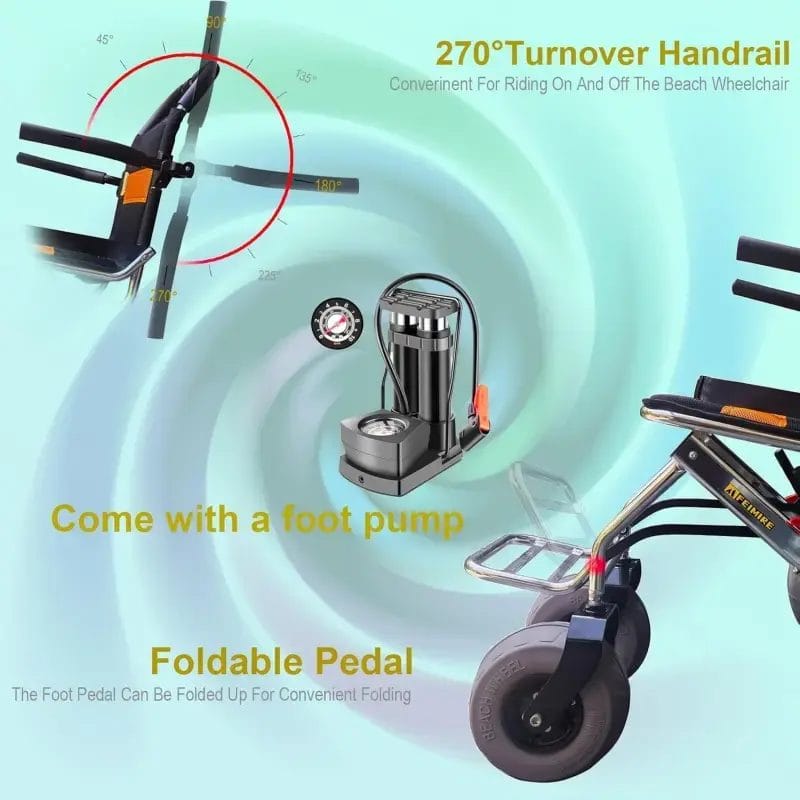 Detailed view of 270-degree turnover handrails and foldable pedals on a beach wheelchair, ensuring easy access for guests.
