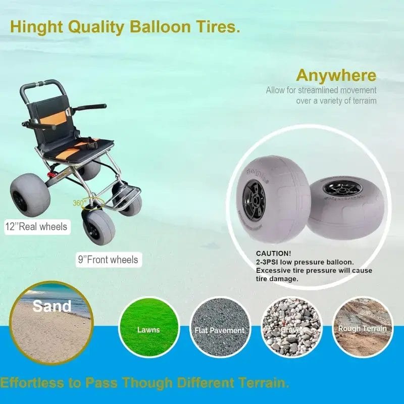 Technical view of 12-inch and 9-inch low-pressure balloon tires designed for smooth movement over sand, lawns, gravel, and rough pavement.