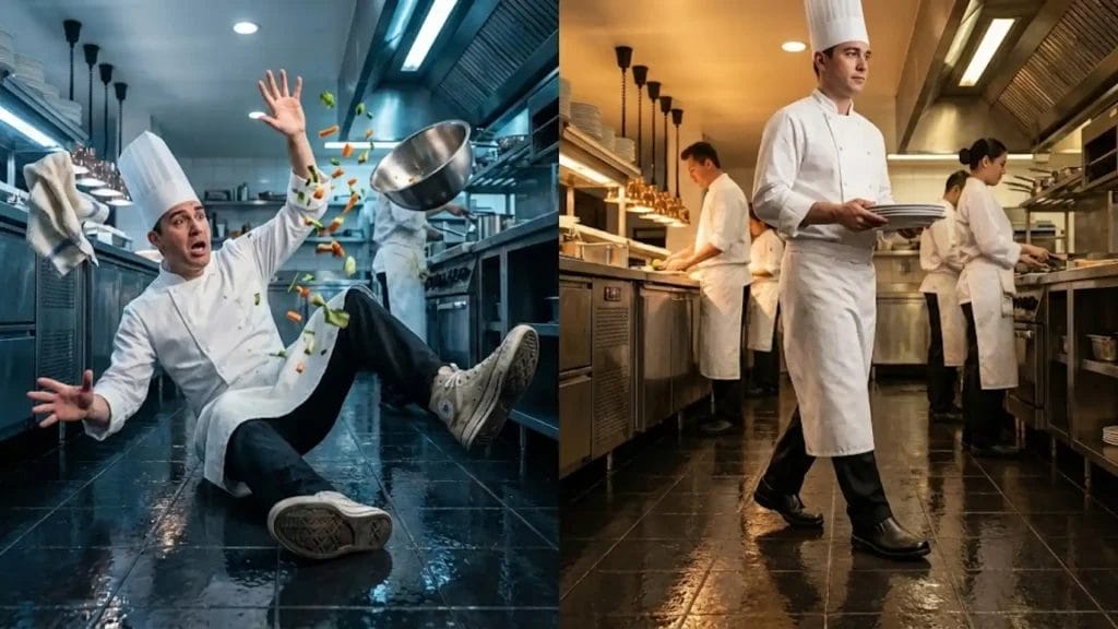 Comparison of a chef slipping in casual shoes versus walking safely in the best work shoes for standing all day.