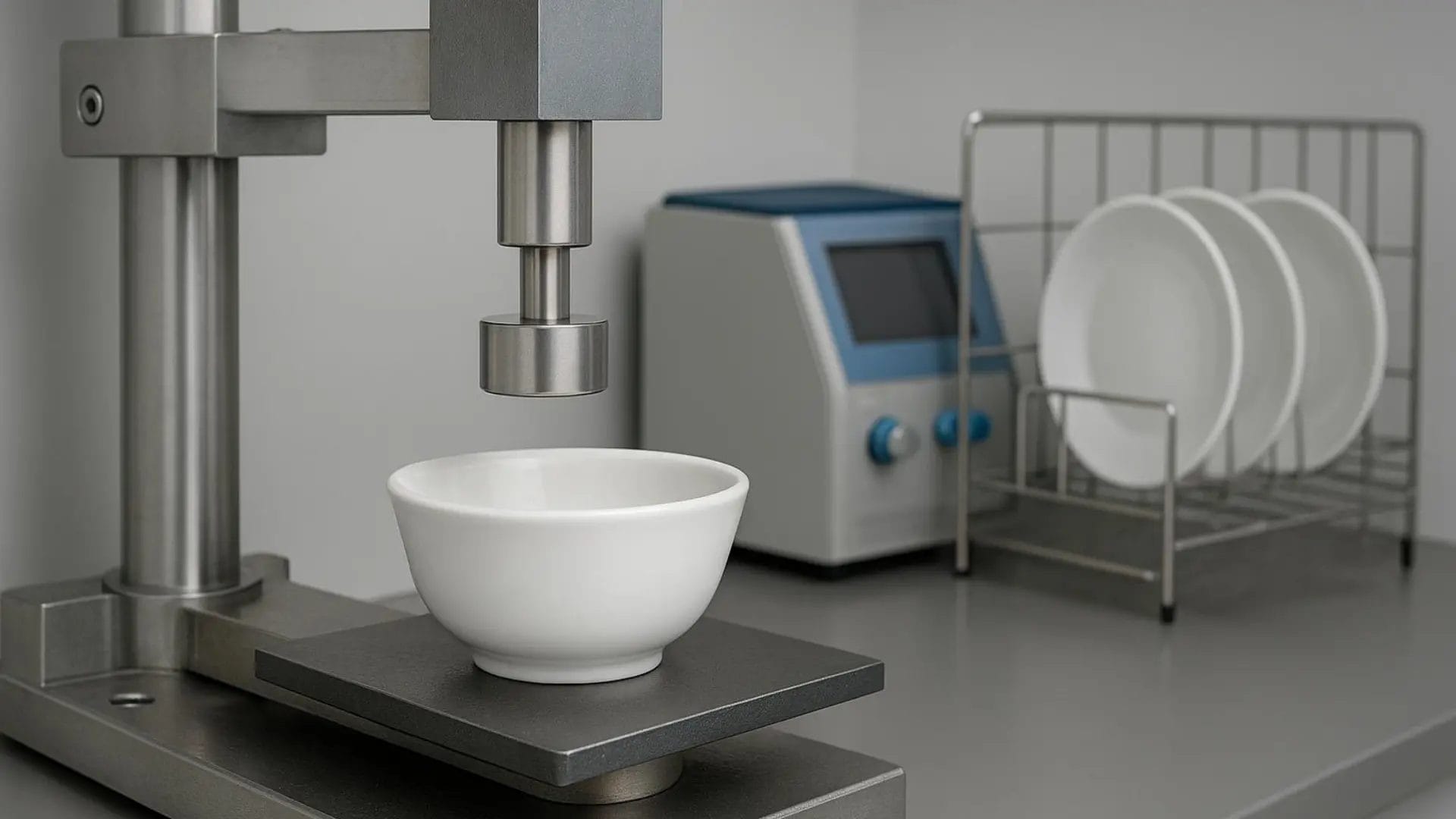 A single white ceramic bowl placed on a testing platform under a metal industrial press or sensor in a laboratory.