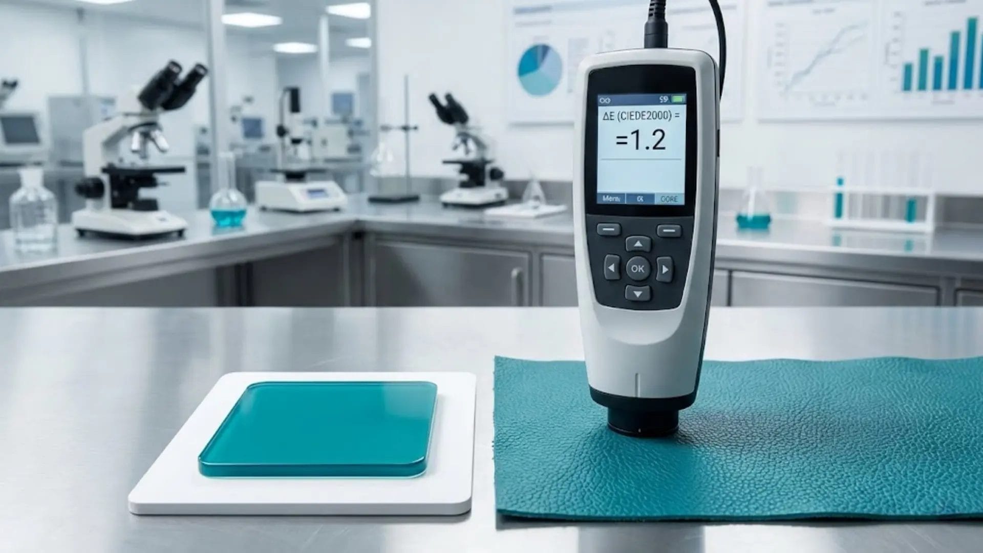 Quality control lab test showing spectrophotometer measuring color consistency (Delta E under 2) between leather and resin materials.