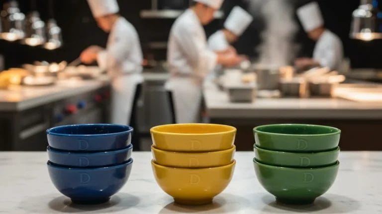 Three stacks of blue, yellow, and green ceramic bowls with a 'D' logo on a marble counter in a busy commercial kitchen with chefs in the background.