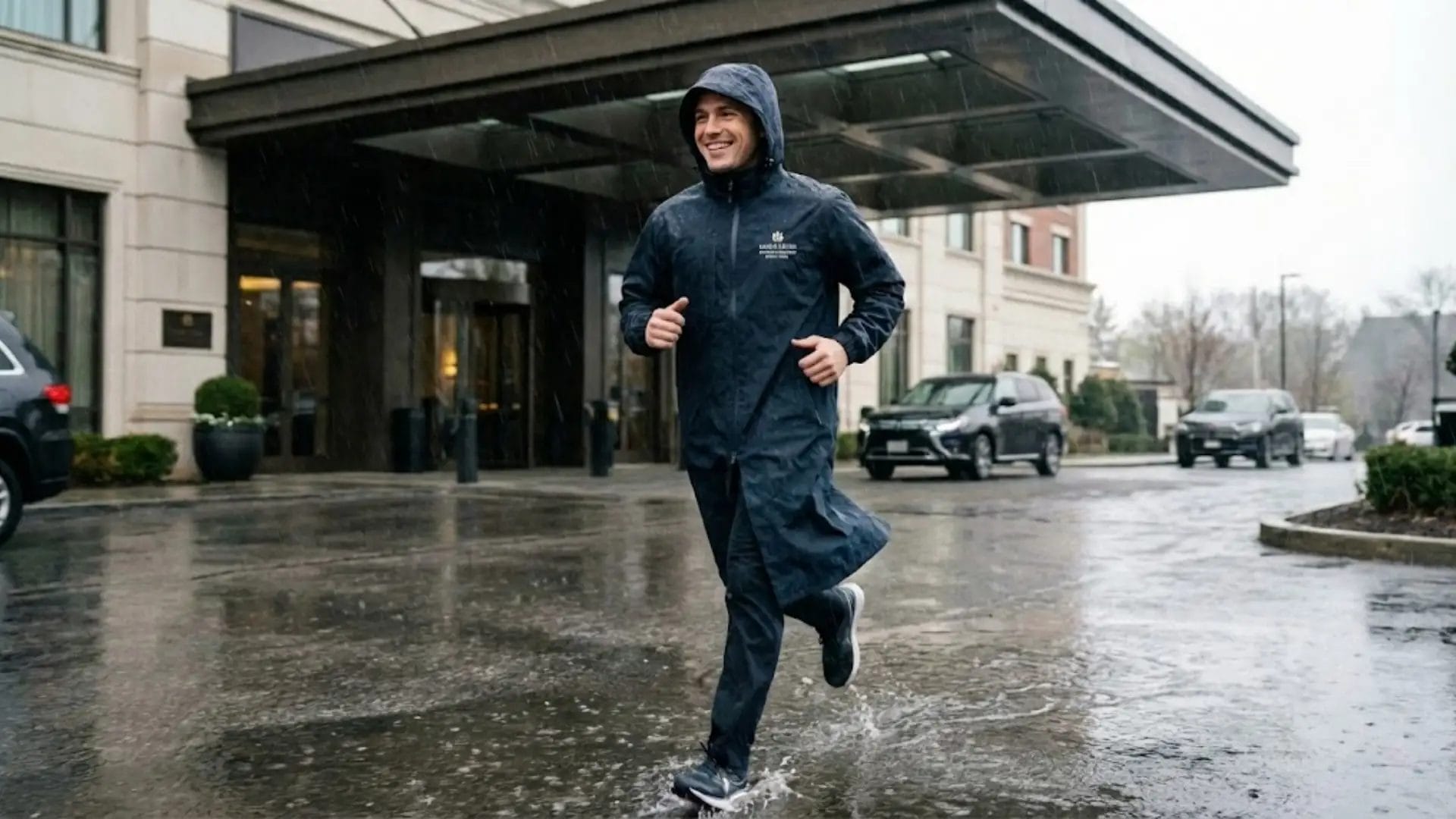 Hotel valet attendant working comfortably in the rain wearing a breathable waterproof jacket raincoat