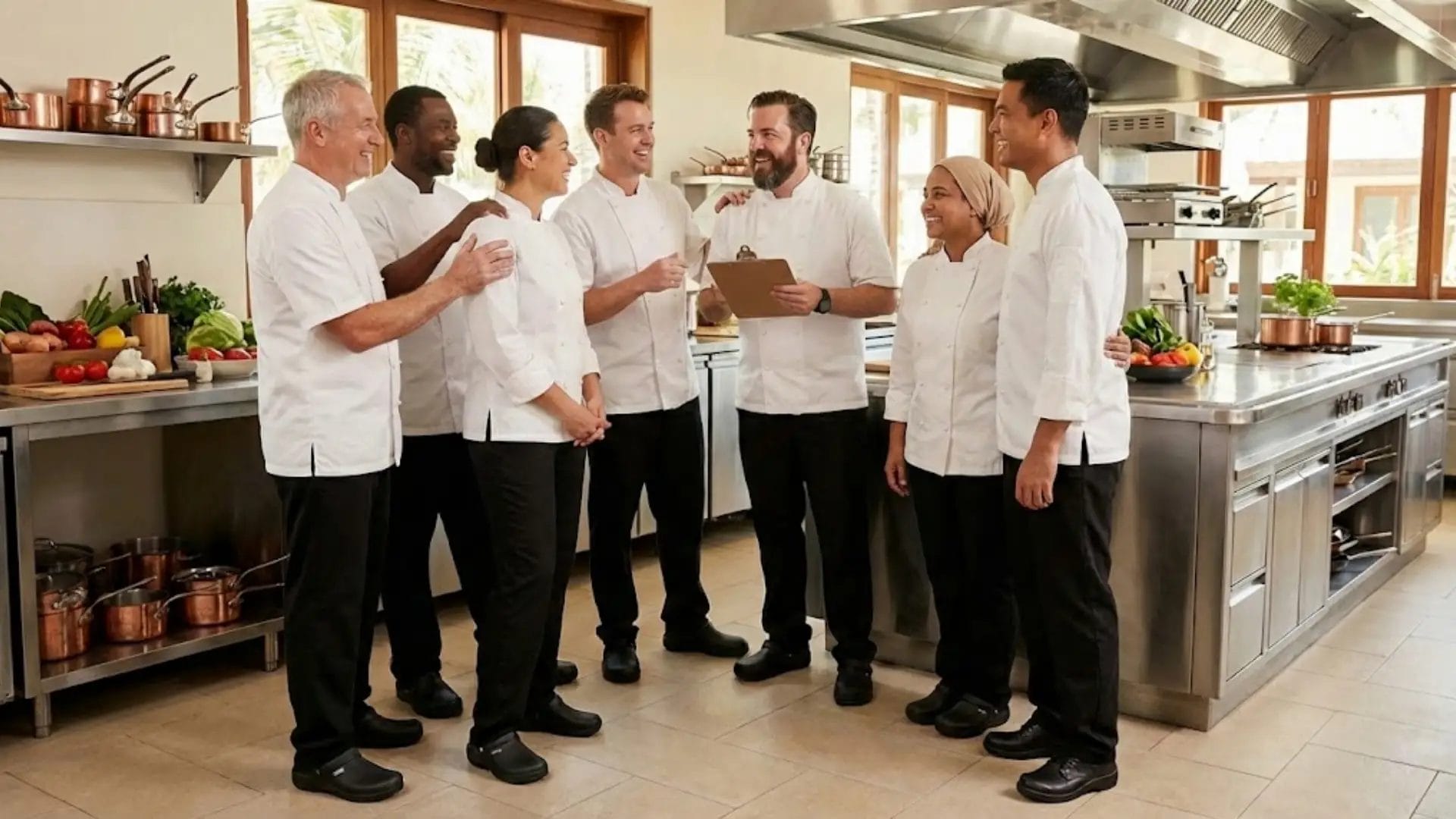 A happy resort culinary team wearing comfortable work shoes for men and women, representing lower turnover.