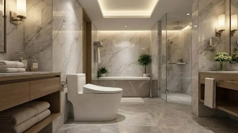 Modern hotel bathroom featuring a heavy-duty elongated commercial toilet seat made of UF resin.