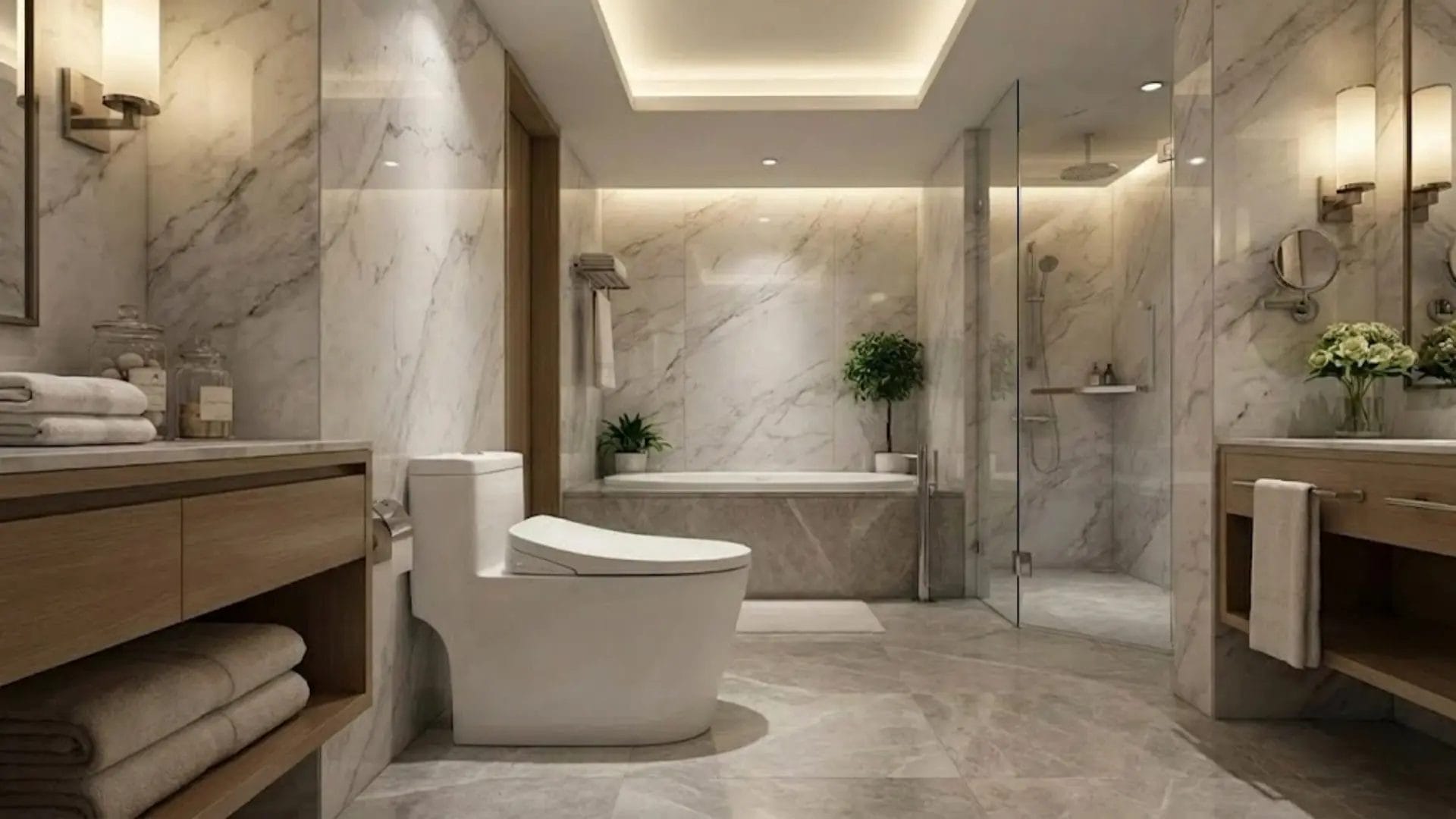 Modern hotel bathroom featuring a heavy-duty elongated commercial toilet seat made of UF resin.