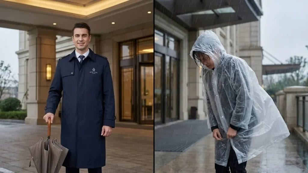 Side-by-side comparison of a professional waterproof jacket raincoat versus a cheap disposable poncho on hotel staff