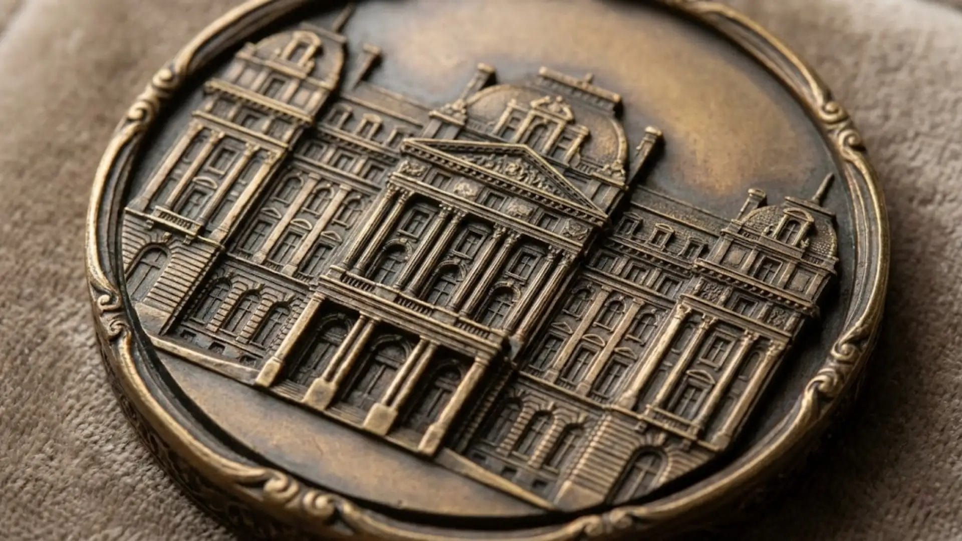 Close-up of a custom medal with a 3D molded design of a hotel building.