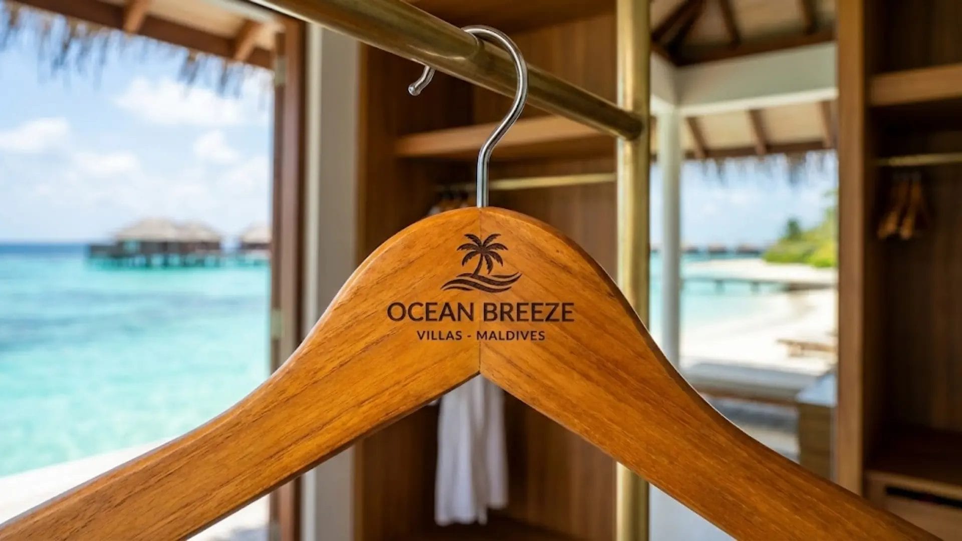 A custom laser-engraved wooden hanger for a Maldives luxury resort with an ocean background.