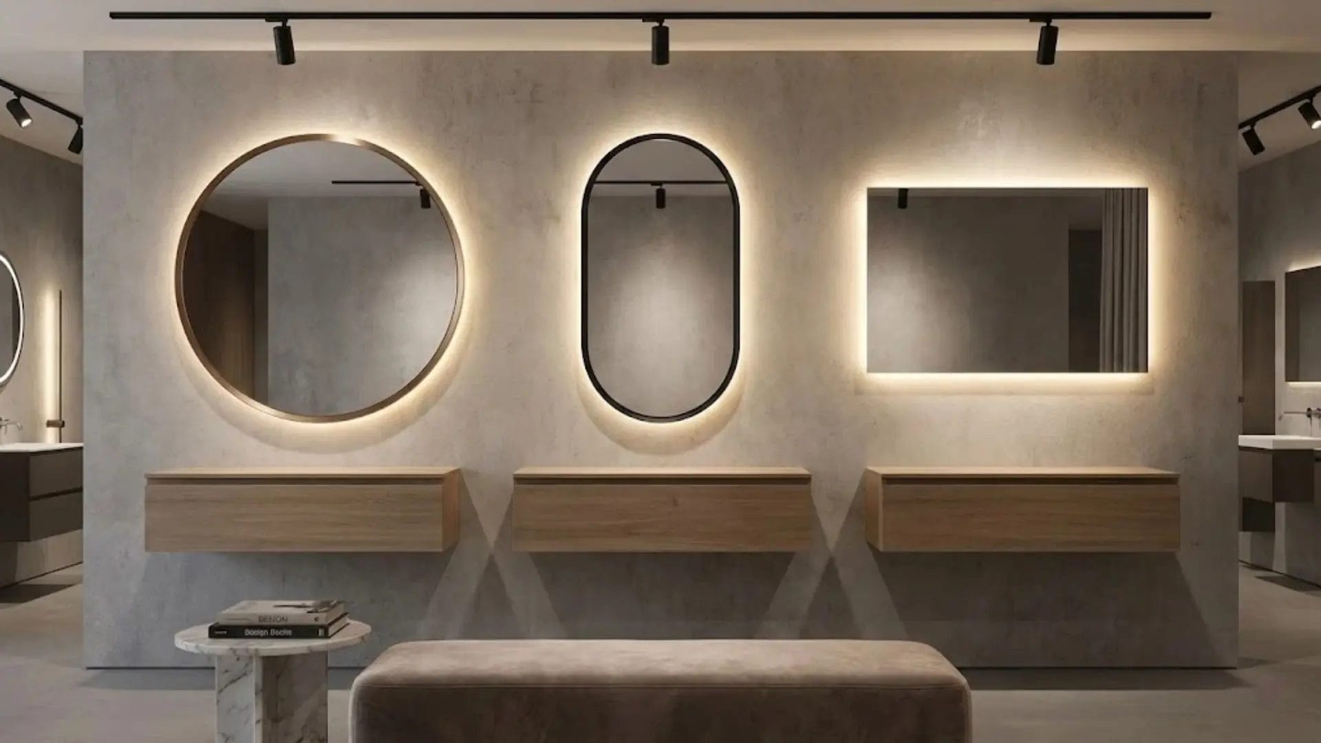 Three custom LED bathroom mirrors (round, oval, rectangular) displaying OEM design capabilities.