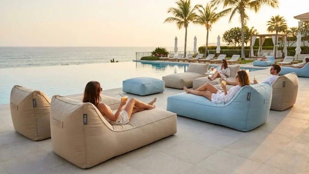Luxurious resort infinity pool deck furnished with DERBAL commercial outdoor bean bag loungers at sunset.