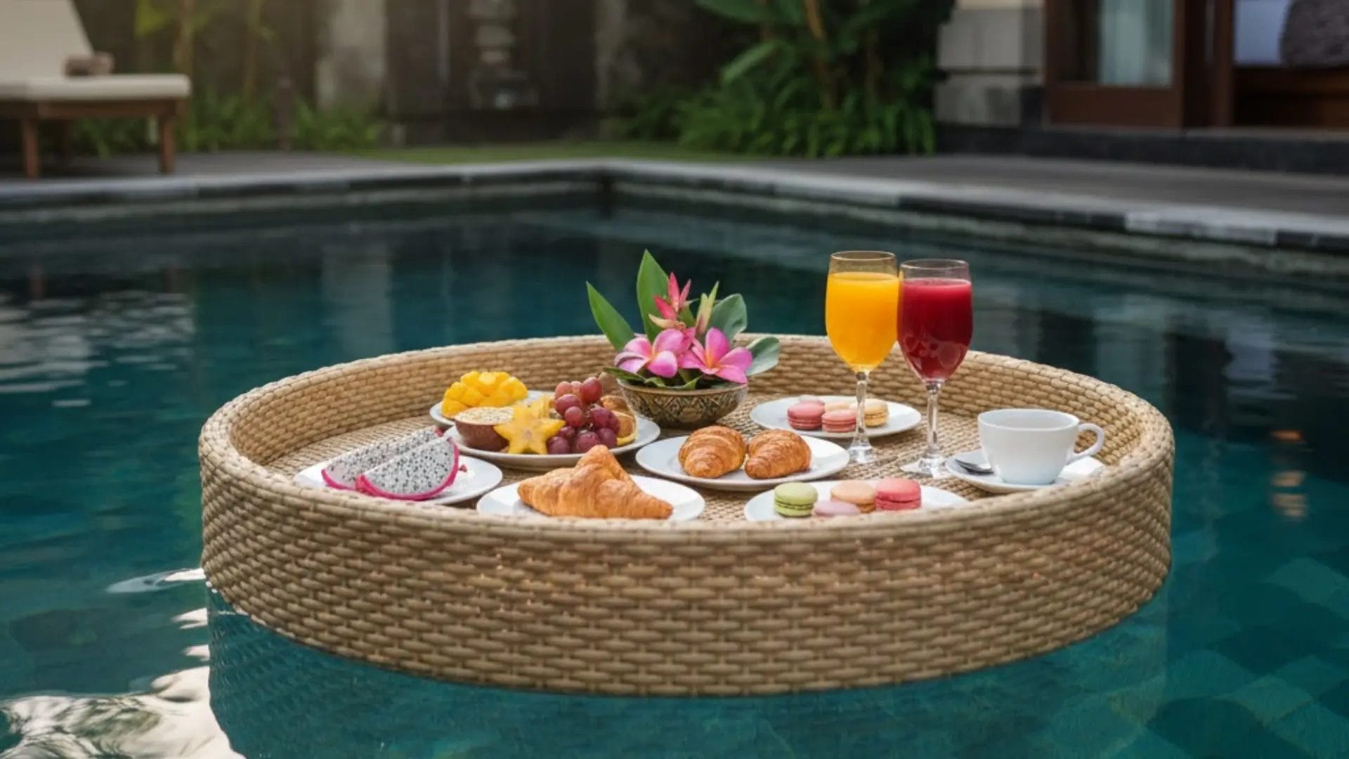 A DERBAL hand-woven PE rattan floating breakfast tray loaded with tropical fruits and pastries in a crystal-clear villa pool.