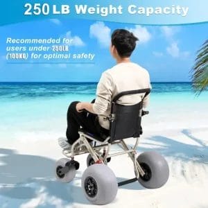 Professional beach wheelchair with a 250lb (110kg) weight capacity, designed for resort guest safety and inclusive beach accessibility.
