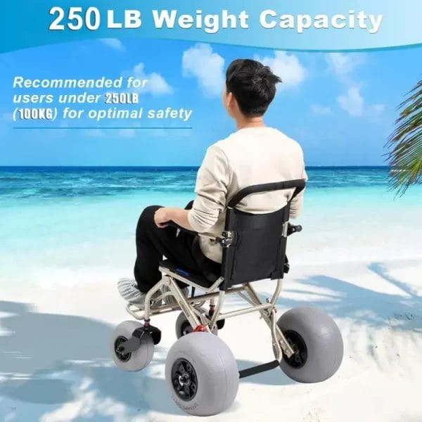 Professional beach wheelchair with a 250lb (110kg) weight capacity, designed for resort guest safety and inclusive beach accessibility.