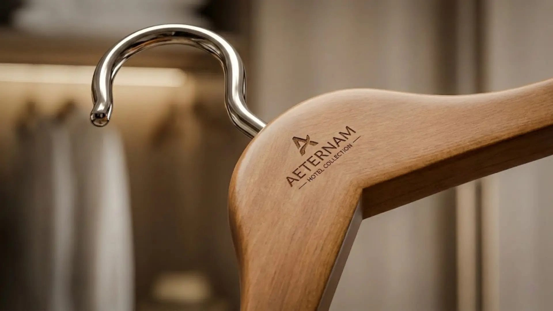 Macro detail of a robust wooden hanger with a 316 stainless steel hook for hotel durability.