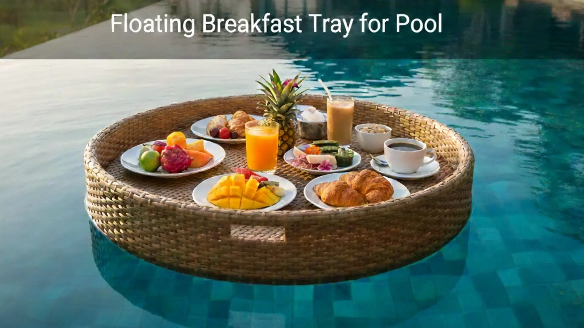 High-definition featured image of a DERBAL floating breakfast tray in a luxury resort pool with clear text overlay: Elevate Your Guest Experience.