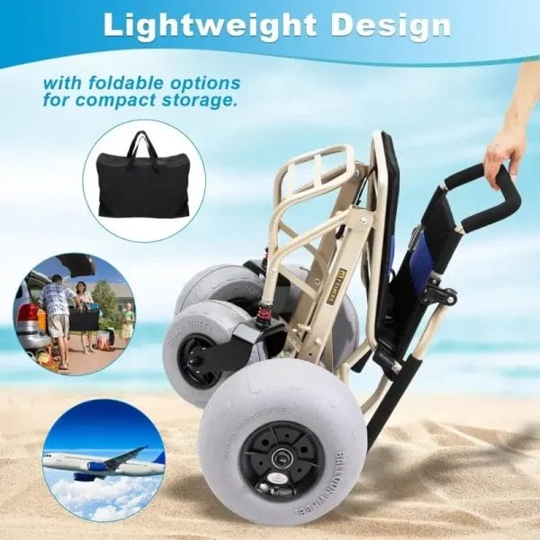 Lightweight, foldable beach wheelchair with a compact storage bag, perfect for resort concierge services and easy transport in hotel vehicles.