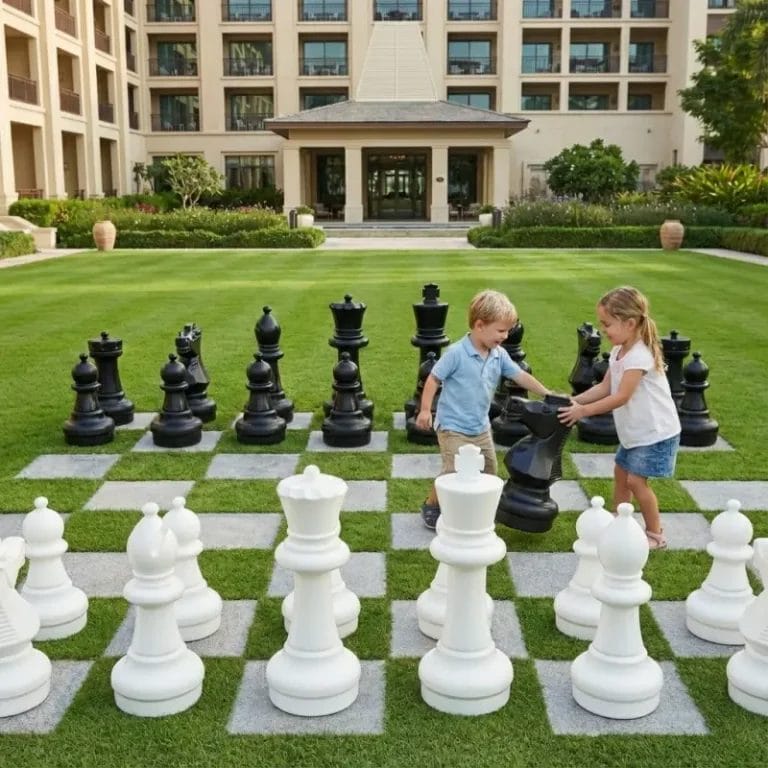 Grid display of giant fiberglass chess pieces including a white rook, black knight, green pawn, and blue queen, showing color customization options.