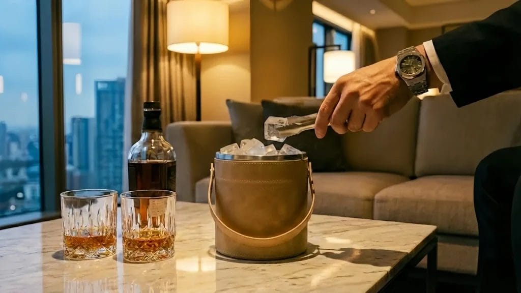 A guest's hand using tongs to take fresh, solid ice from a DERBAL double-wall insulated ice bucket in a hotel room.