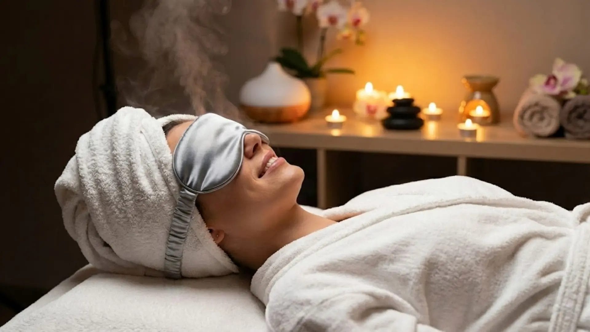 Guest relaxing with a heated eye mask during a hotel spa treatment for dry eye relief