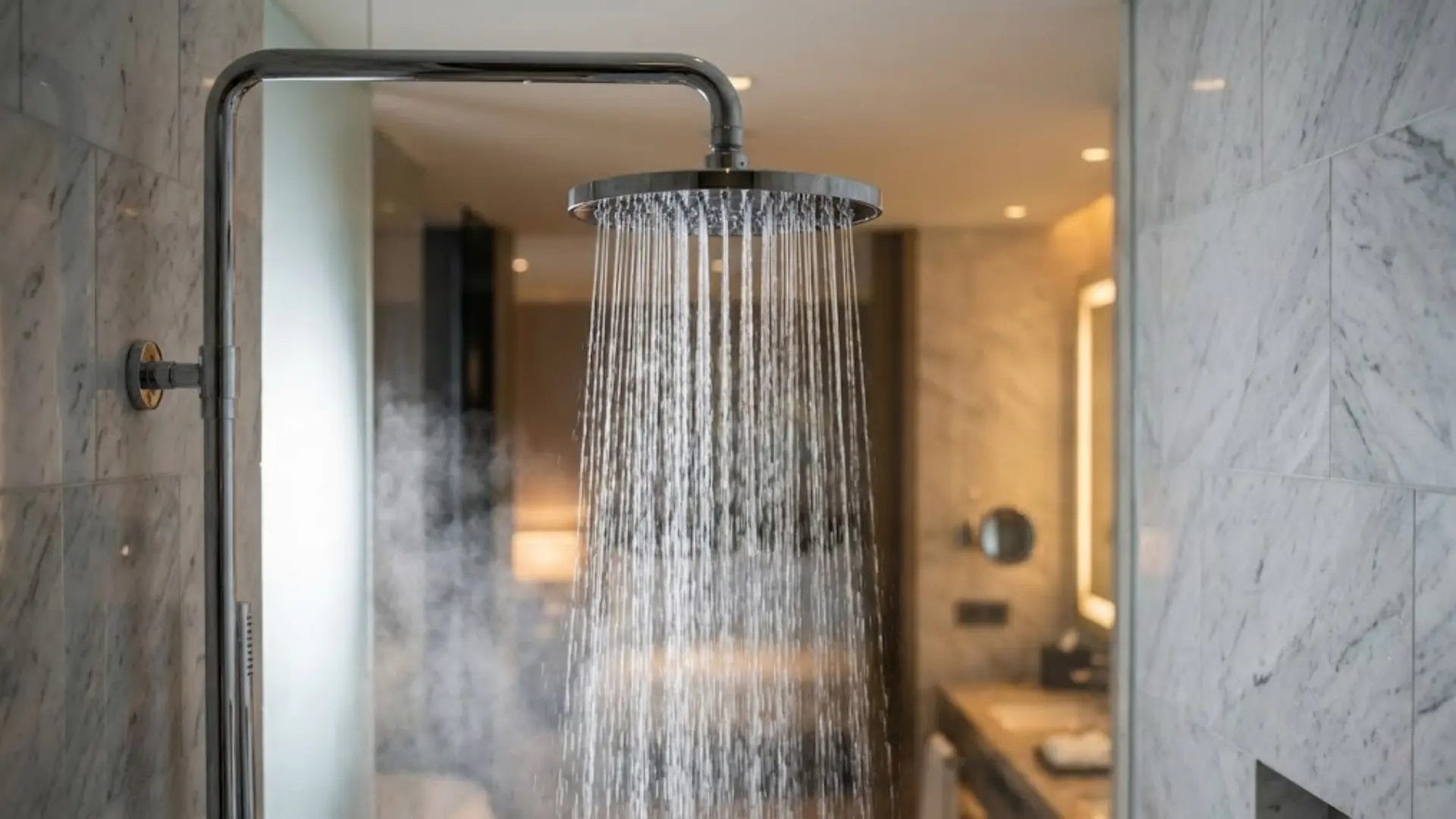 Close-up of a modern chrome high-pressure shower head spraying a powerful stream of water in a luxury marble hotel bathroom, demonstrating strong flow.