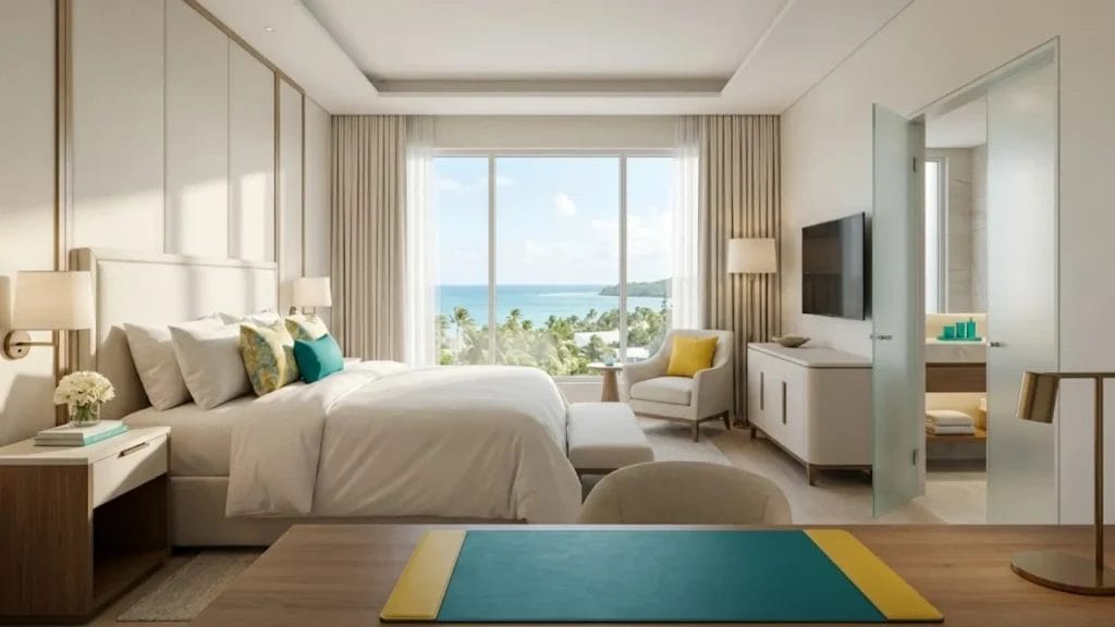 Modern luxury resort guestroom interior demonstrating the 2026 80/20 color trend with teal and yellow accents for micro-refurbishment.
