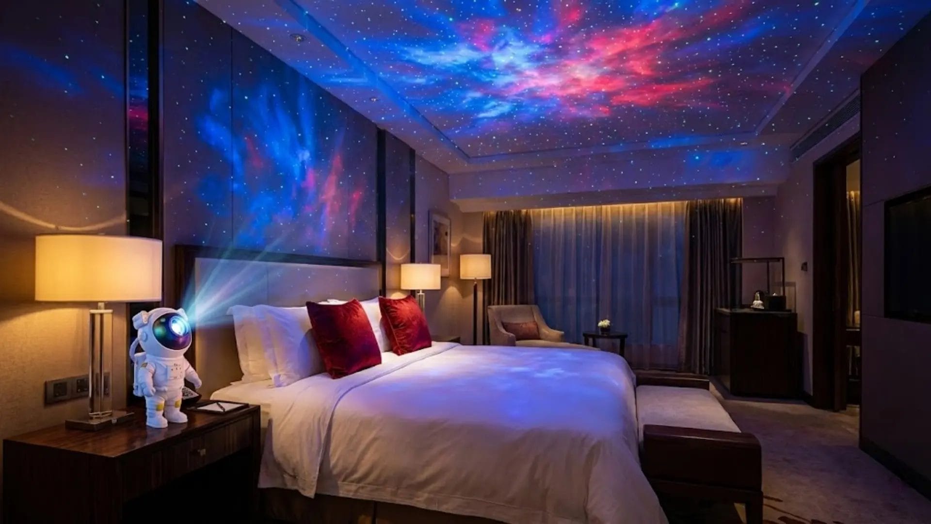 Astronaut galaxy projector displaying vivid nebula stars on hotel ceiling above romantic bed