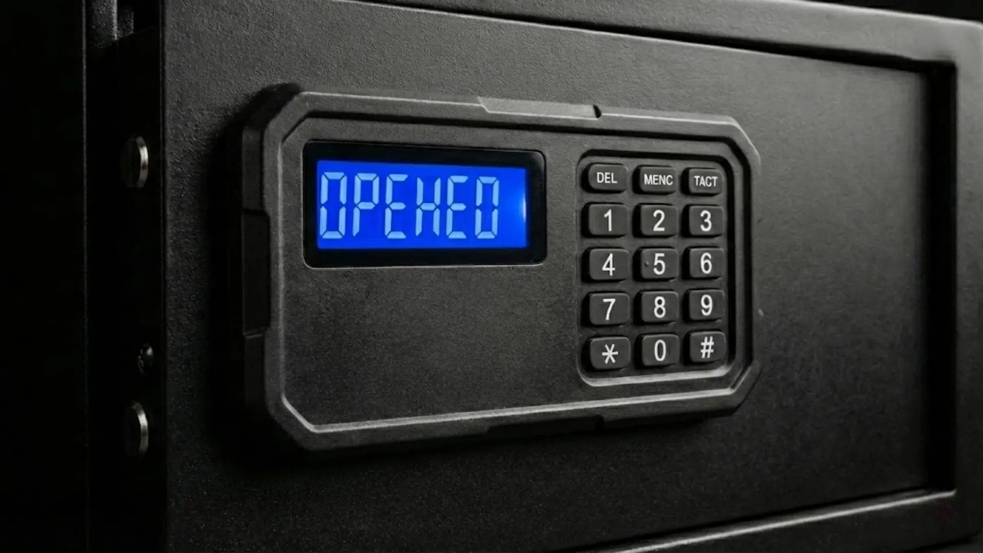 Close-up of the raised rubber ADA-compliant keypad and LED screen on a hotel safe door.