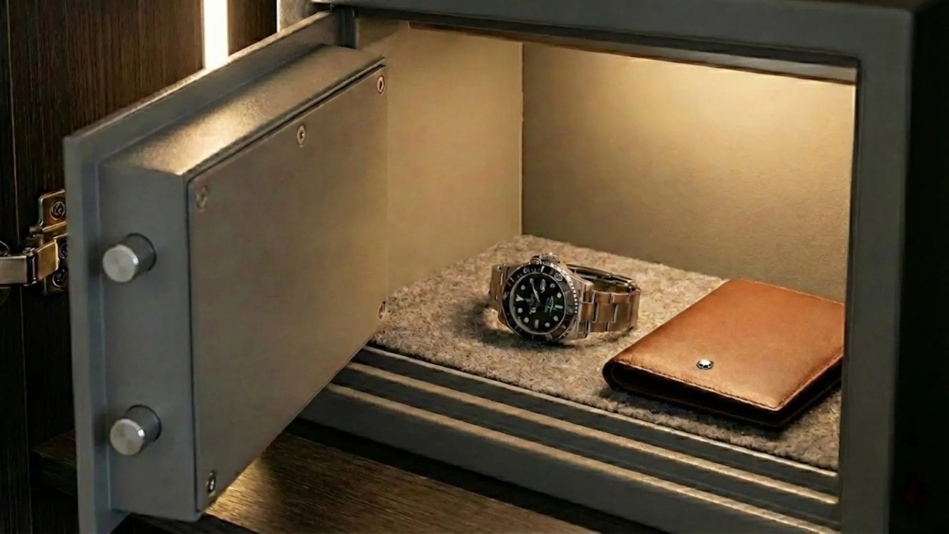 Interior of an open hotel safe with grey protective carpet lining and locking bolts.
